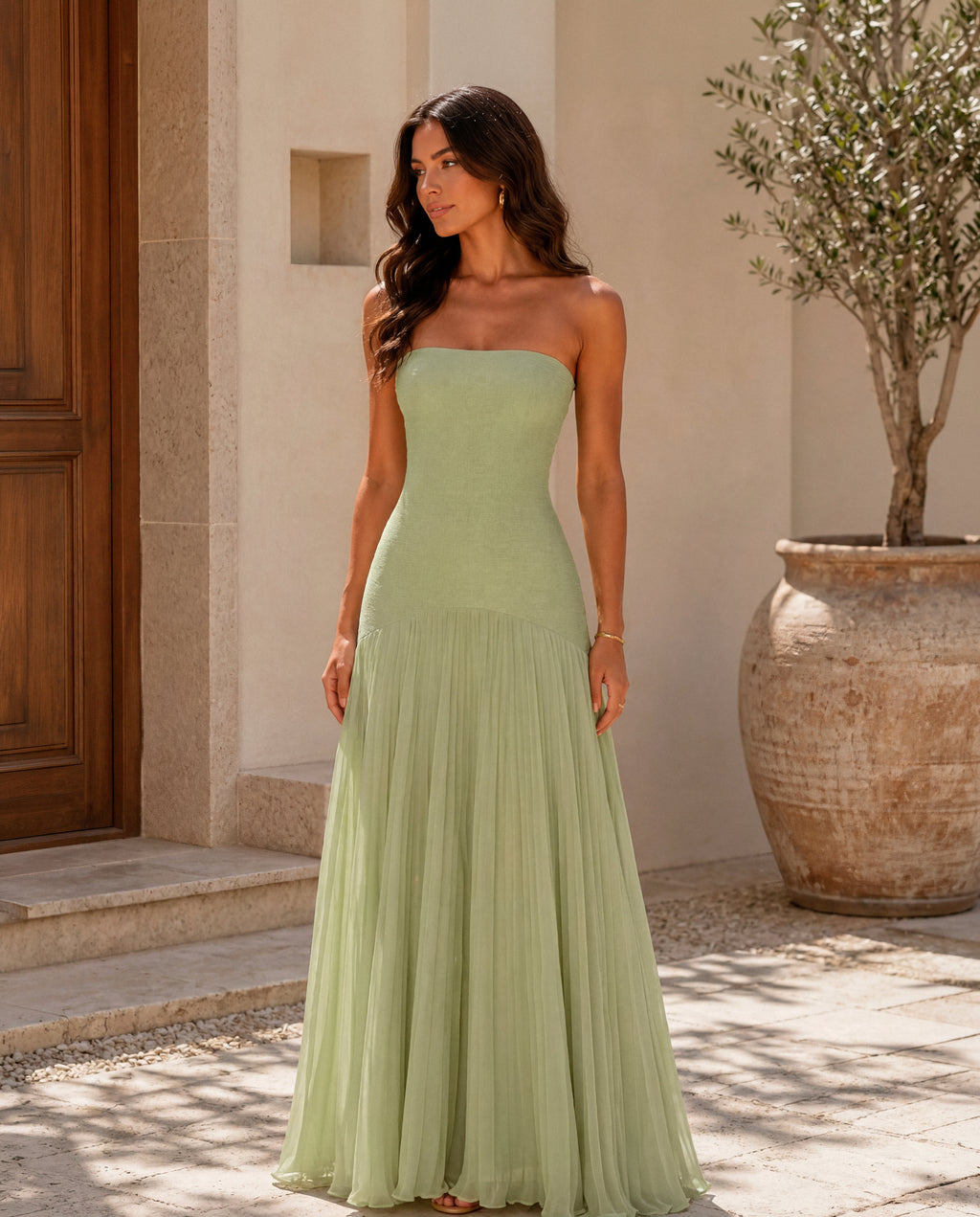Almudena - Vestido Largo Plisado Verde