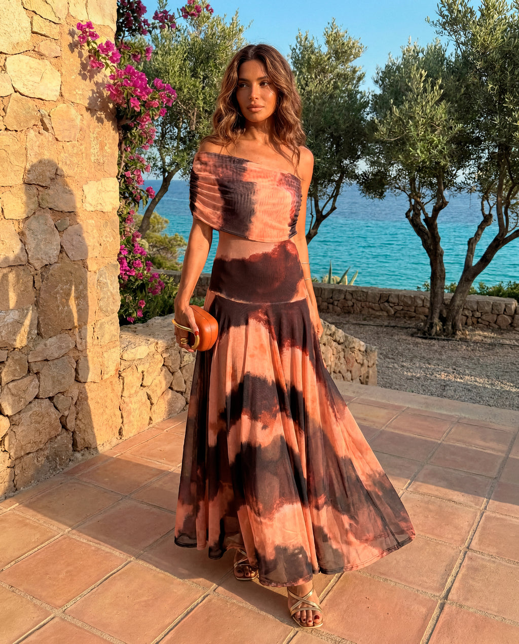 Amaya - Vestido Largo Naranja Y Marrón