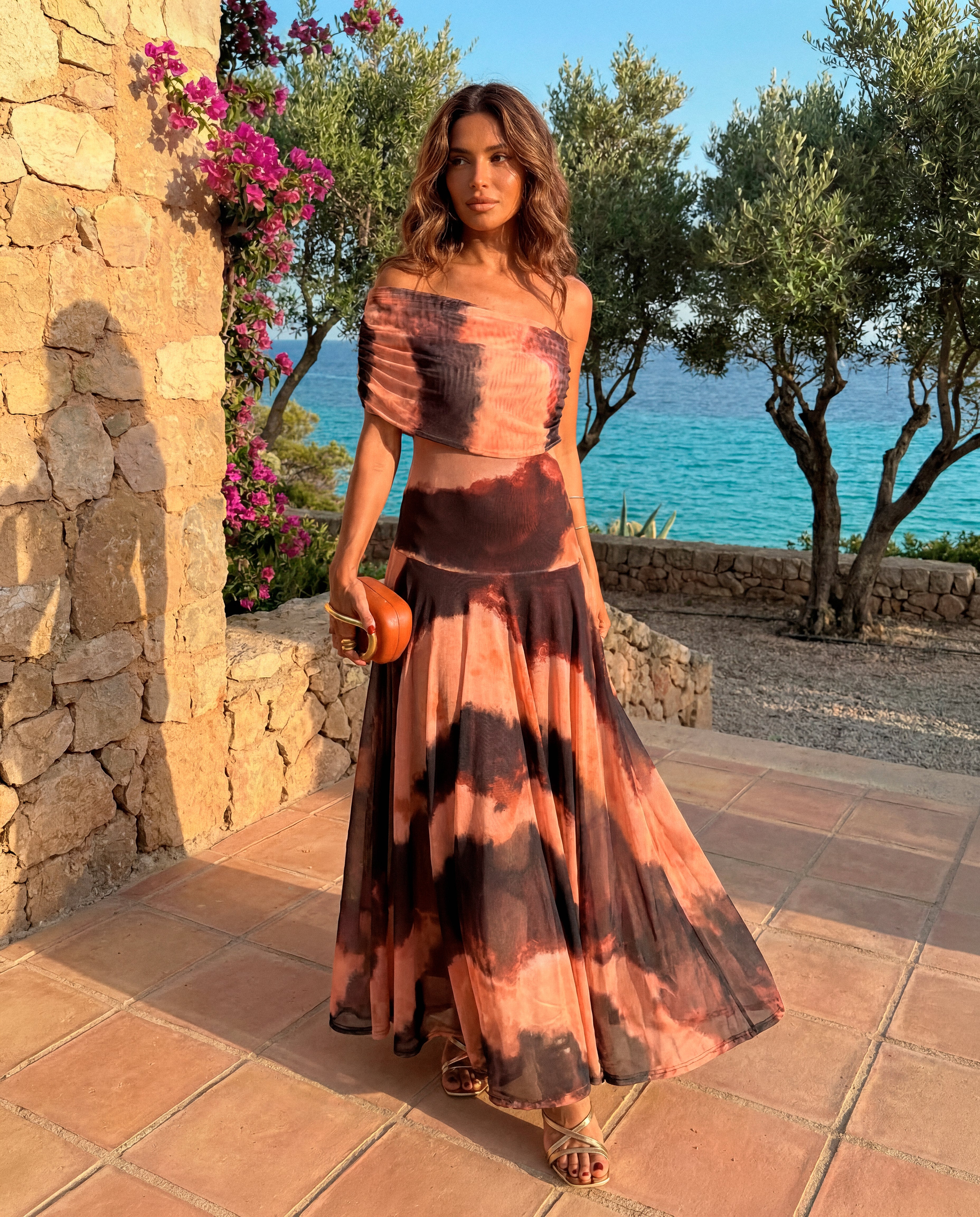 Amaya - Vestido Largo Naranja Y Marrón